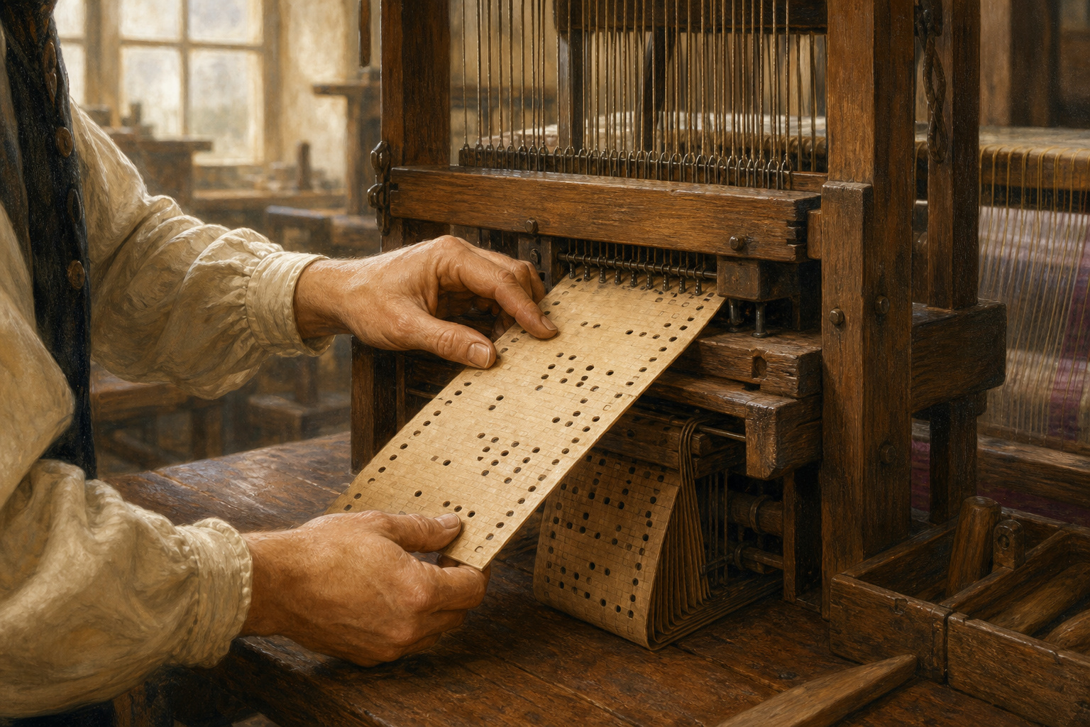 Ilustracja przedstawiająca wkładanie karty perforowanej do mechanizmu krosna
